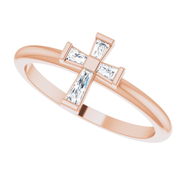 14K Gold Tapered Baguette Natural Diamond Accented Stackable Cross Ring - Rose Gold - view 10