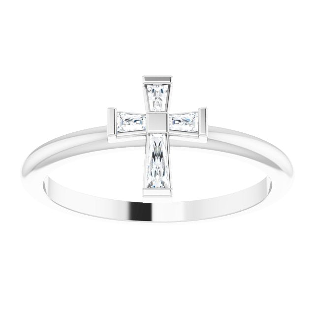 Platinum Tapered Baguette Natural Diamond Accented Stackable Cross Ring - view 8