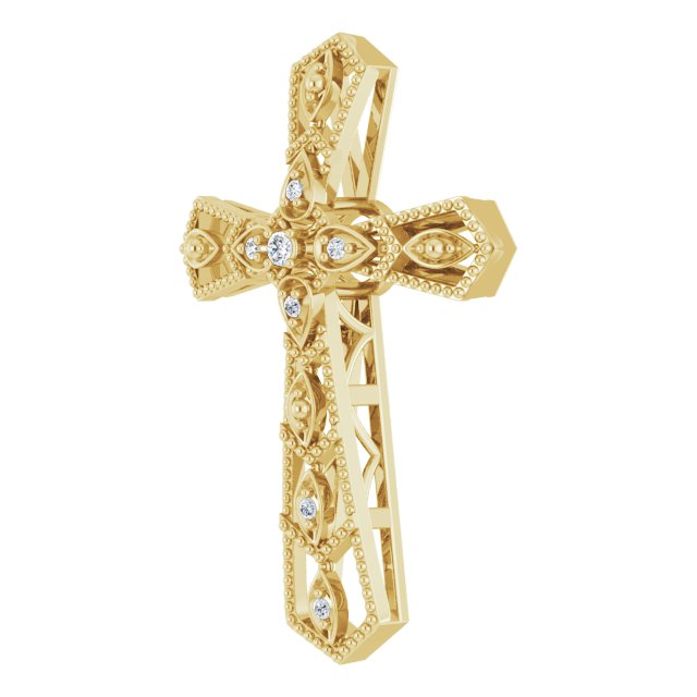 14K Gold Round Natural Diamond Milgrain Cross Pendant - Yellow Gold - view 5