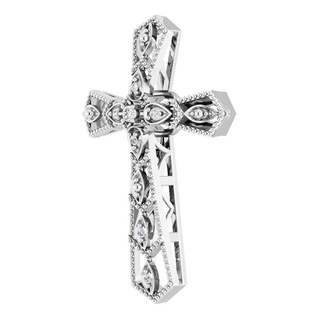 14K Gold Round Natural Diamond Milgrain Cross Pendant - White Gold - view 5