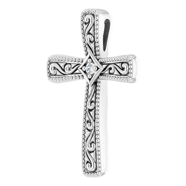 14K Gold Round Natural Diamond Milgrain Cross Pendant – 0.01 CTW - view 5