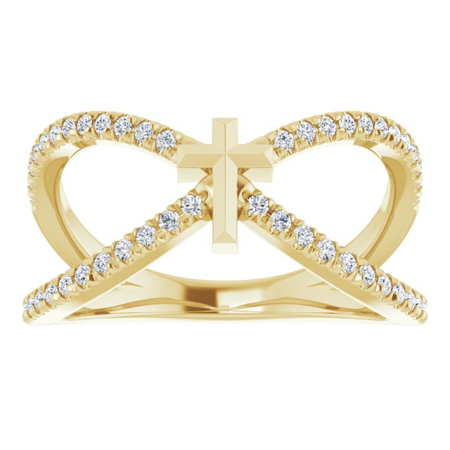 14K Gold Round Natural Diamond French-Set Cross Ring - Yellow Gold - view 8