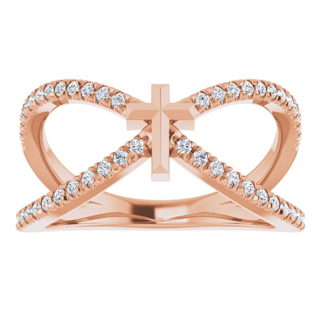 14K Gold Round Natural Diamond French-Set Cross Ring - Rose Gold - view 8