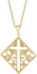 14K Gold Ornate Pierced Cross Necklace or Pendant - Yellow Gold