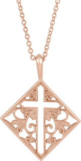 14K Gold Ornate Pierced Cross Necklace or Pendant - Rose Gold