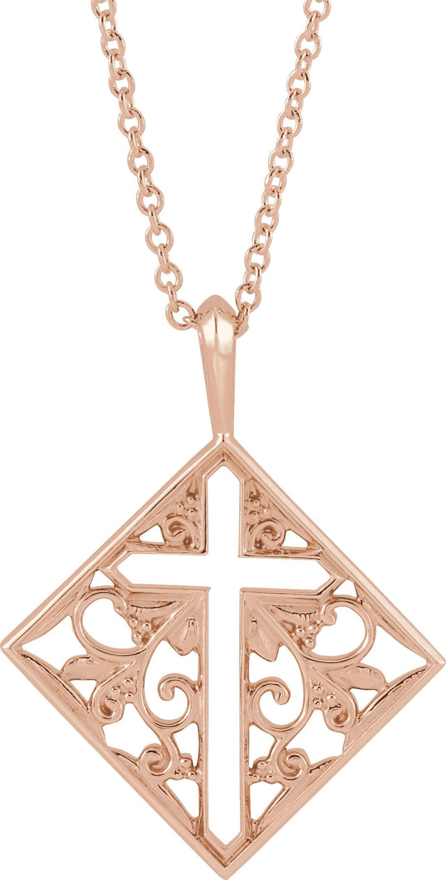 14K Gold Ornate Pierced Cross Necklace or Pendant - Rose Gold