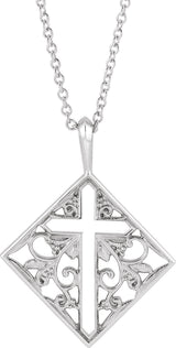 14K Gold Ornate Pierced Cross Necklace or Pendant - White Gold