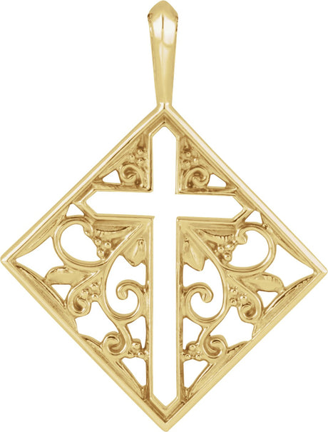 14K Gold Ornate Pierced Cross Necklace or Pendant - Yellow Gold