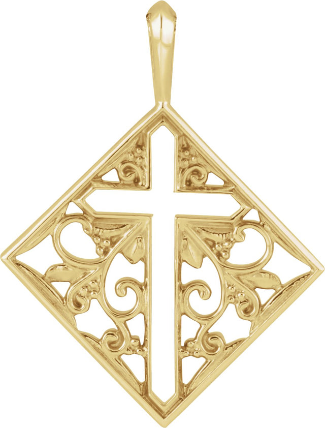 14K Gold Ornate Pierced Cross Necklace or Pendant - Yellow Gold