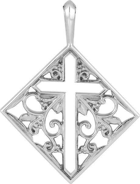 14K Gold Ornate Pierced Cross Necklace or Pendant - White Gold