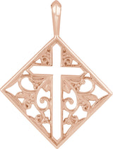 14K Gold Ornate Pierced Cross Necklace or Pendant - Rose Gold