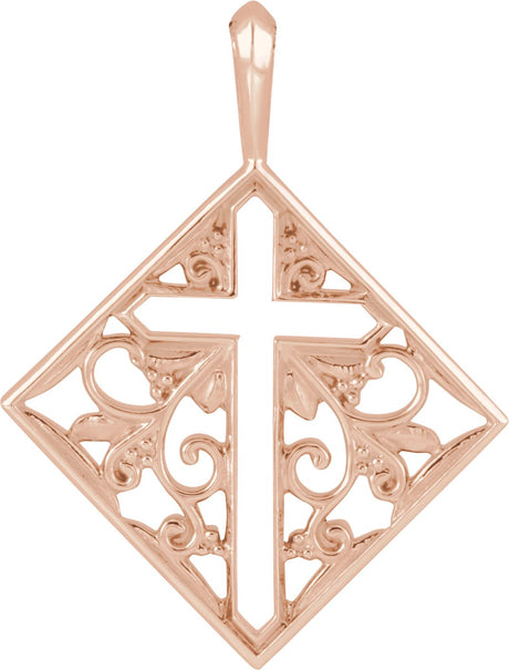 14K Gold Ornate Pierced Cross Necklace or Pendant - Rose Gold