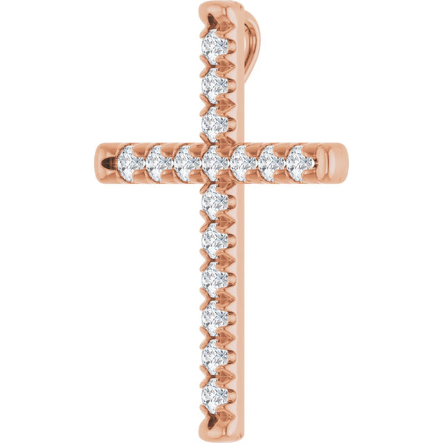 14K Gold Round Natural Diamond French-Set Cross Necklace or Pendant - Rose Gold - view 8