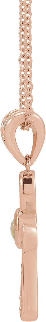 14K Gold Round Natural White Opal & Natural Diamond Cabochon Ankh Cross Necklace or Pendant - Rose Gold - view 5