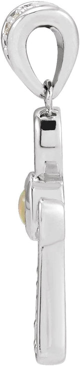 Platinum Round Natural White Opal & Natural Diamond Cabochon Ankh Cross Necklace or Pendant - view 4