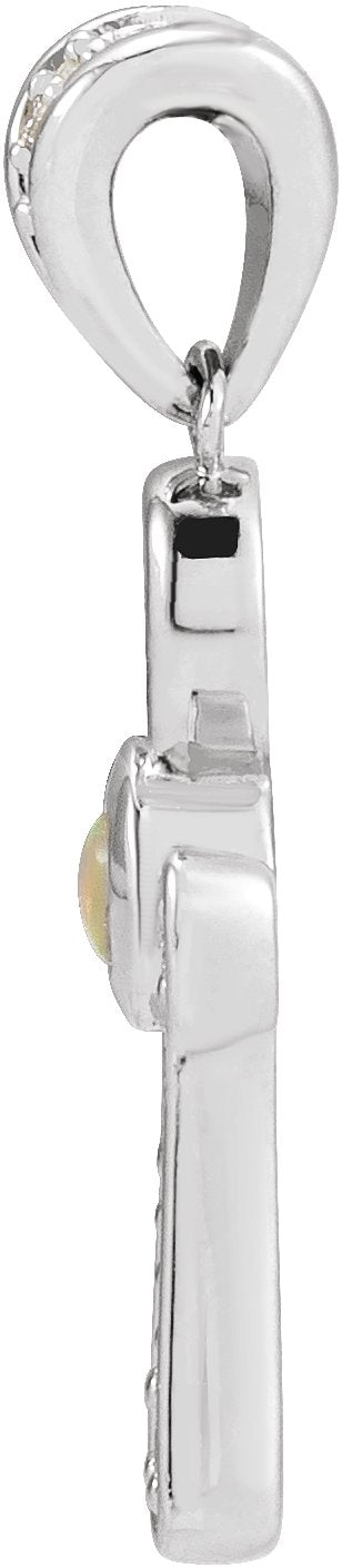 Platinum Round Natural White Opal & Natural Diamond Cabochon Ankh Cross Necklace or Pendant - view 4