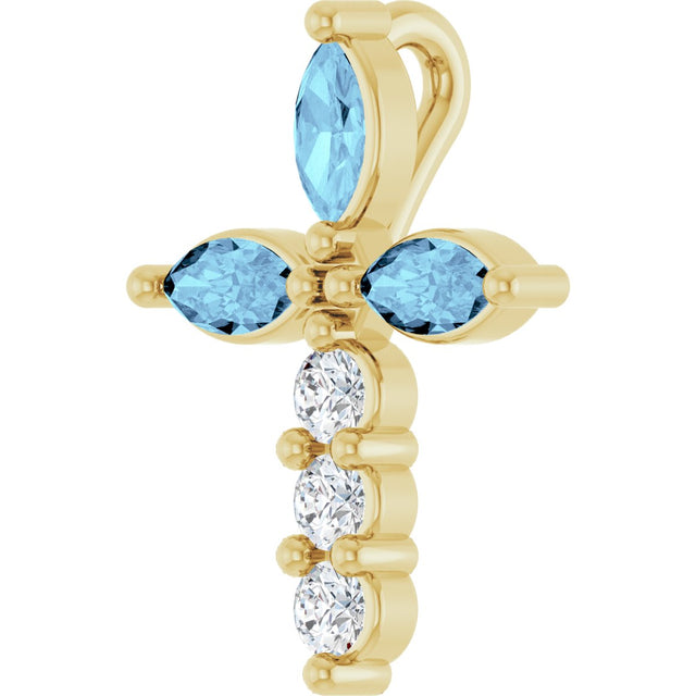 14K Gold Marquise Natural Aquamarine & Natural Diamond Cross Necklace or Pendant - Yellow Gold - view 5