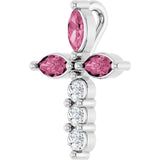14K Gold Marquise Natural Pink Tourmaline & Natural Diamond Cross Necklace or Pendant - White Gold - view 5