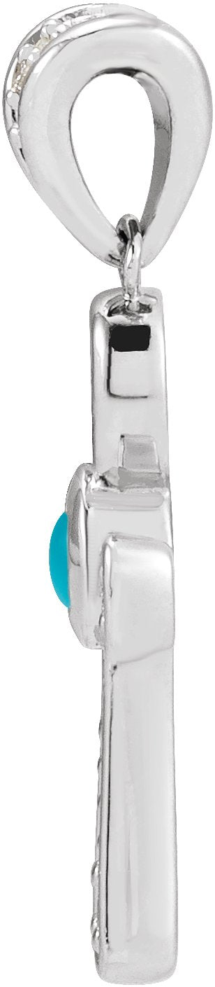 Platinum Round Natural Turquoise & Natural Diamond Cabochon Ankh Cross Necklace or Pendant - view 4