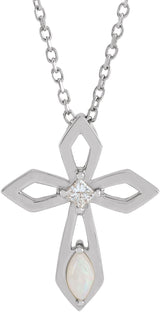 14K Gold Marquise Natural White Opal & Natural Diamond Pierced Cross Necklace or Pendant - White Gold