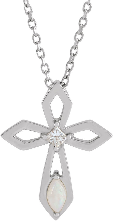 14K Gold Marquise Natural White Opal & Natural Diamond Pierced Cross Necklace or Pendant - White Gold