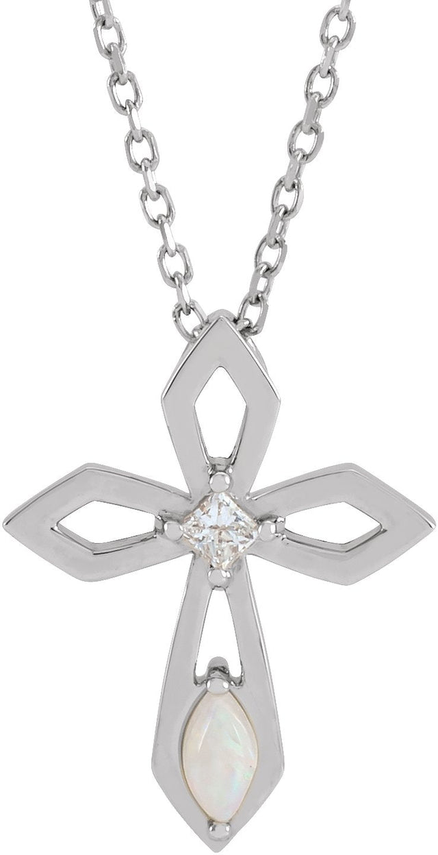 14K Gold Marquise Natural White Opal & Natural Diamond Pierced Cross Necklace or Pendant - White Gold