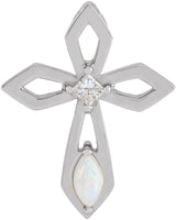 Platinum Marquise Natural White Opal & Natural Diamond Pierced Cross Necklace or Pendant