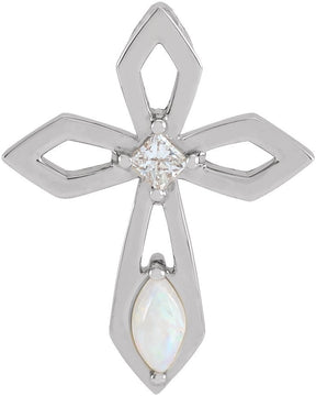 Platinum Marquise Natural White Opal & Natural Diamond Pierced Cross Necklace or Pendant