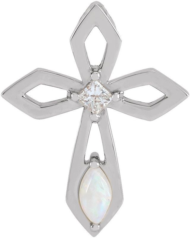 14K Gold Marquise Natural White Opal & Natural Diamond Pierced Cross Necklace or Pendant - White Gold
