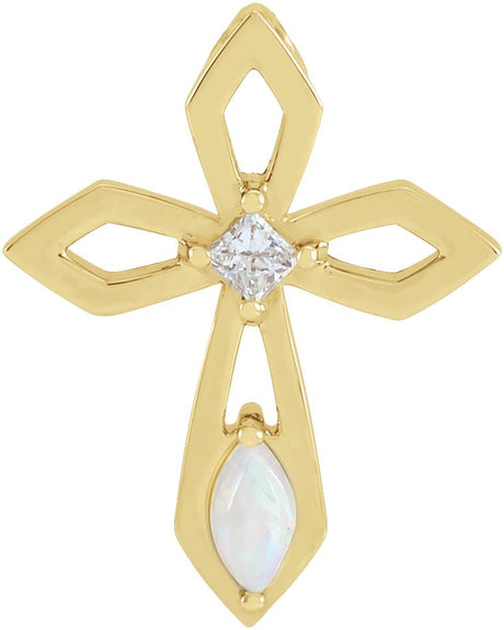 14K Gold Marquise Natural White Opal & Natural Diamond Pierced Cross Necklace or Pendant - Yellow Gold