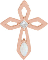 14K Gold Marquise Natural White Opal & Natural Diamond Pierced Cross Necklace or Pendant - Rose Gold