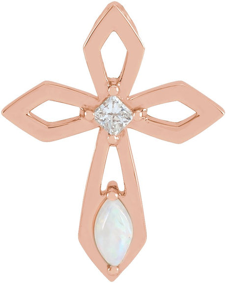 14K Gold Marquise Natural White Opal & Natural Diamond Pierced Cross Necklace or Pendant - Rose Gold