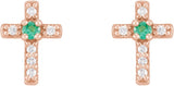 14K Gold Round Natural Emerald Accented Cross Earrings – 1.5-2mm Stones - Rose Gold - view 6