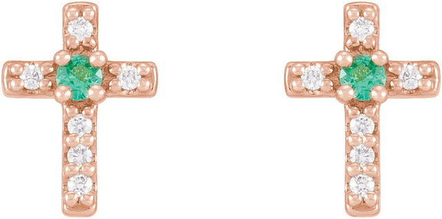 14K Gold Round Natural Emerald Accented Cross Earrings – 1.5-2mm Stones - Rose Gold - view 6