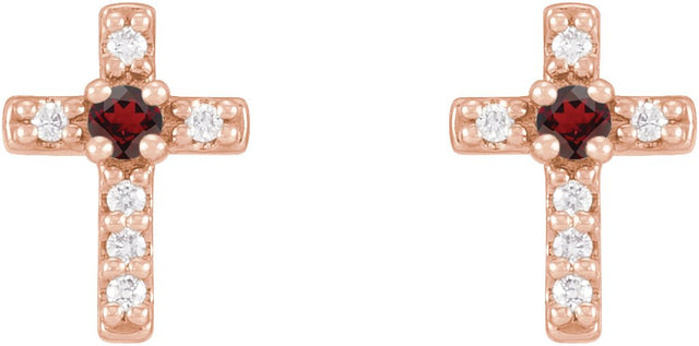 14K Gold Round Natural Mozambique Garnet Accented Cross Earrings – 1.5-2mm Stones - Rose Gold - view 6