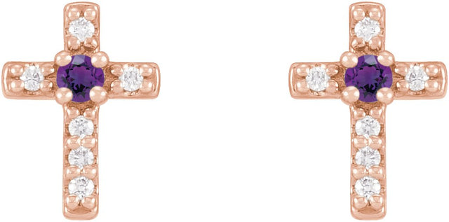 14K Gold Round Natural Amethyst Accented Cross Earrings – 1.5-2mm Stones - Rose Gold - view 6
