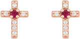 14K Gold Round Natural Ruby Accented Cross Earrings – 1.5-2mm Stones - Rose Gold - view 6