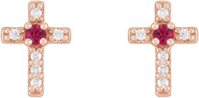 14K Gold Round Natural Ruby Accented Cross Earrings – 1.5-2mm Stones - Rose Gold - view 6