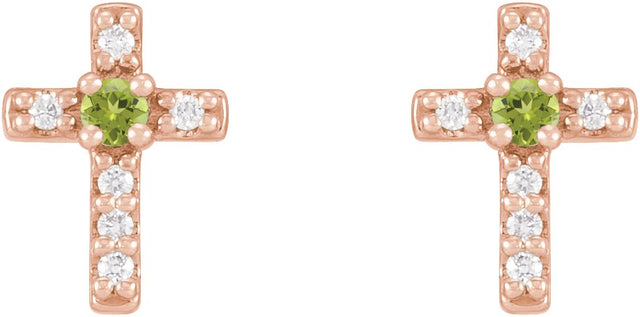 14K Gold Round Natural Peridot Accented Cross Earrings – 1.5-2mm Stones - Rose Gold - view 6