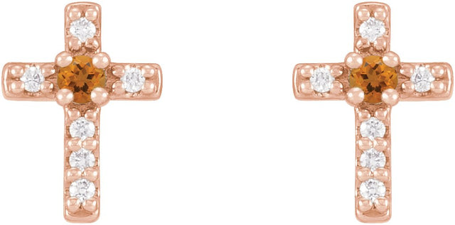14K Gold Round Natural Citrine Accented Cross Earrings – 1.5-2mm Stones - Rose Gold - view 6
