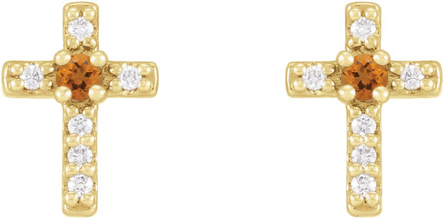 14K Gold Round Natural Citrine Accented Cross Earrings – 1.5-2mm Stones - Yellow Gold - view 6
