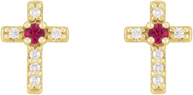 14K Gold Round Natural Ruby Accented Cross Earrings – 1.5-2mm Stones - Yellow Gold - view 6