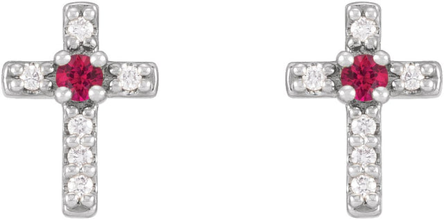 14K Gold Round Natural Ruby Accented Cross Earrings – 1.5-2mm Stones - White Gold - view 6