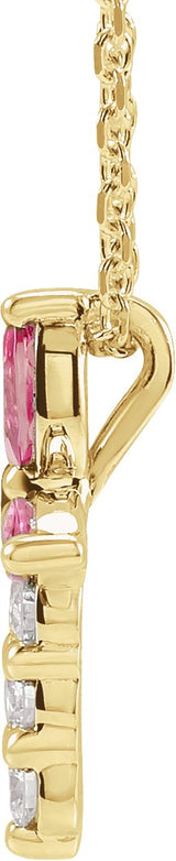 14K Gold Marquise Natural Pink Tourmaline & Natural Diamond Cross Necklace or Pendant - Yellow Gold - view 4