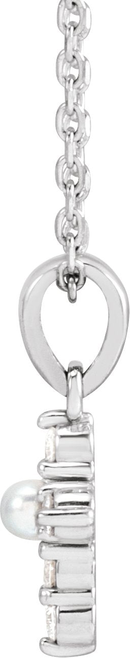 14K Gold Cultured White Seed Pearl & Natural Diamond Pearl Cross Necklace or Pendant - White Gold - view 2