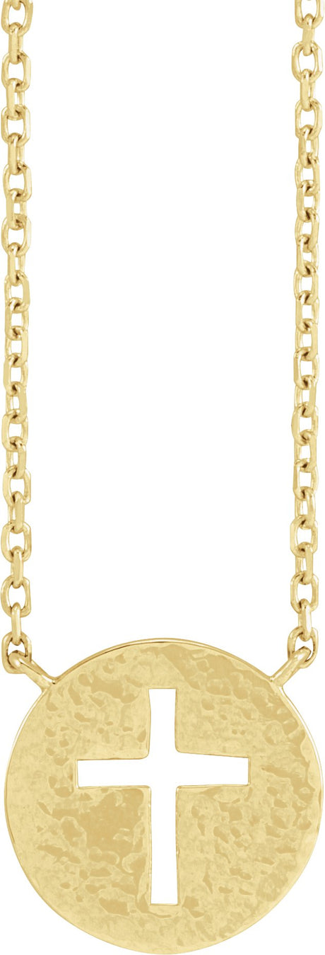 14K Gold Pierced Cross Disc Necklace - Yellow Gold