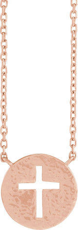 14K Gold Pierced Cross Disc Necklace - Rose Gold