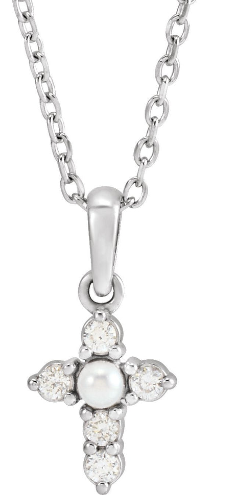 14K Gold Cultured White Seed Pearl & Natural Diamond Pearl Cross Necklace or Pendant - White Gold