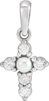 Platinum Cultured White Seed Pearl & Natural Diamond Pearl Cross Necklace or Pendant