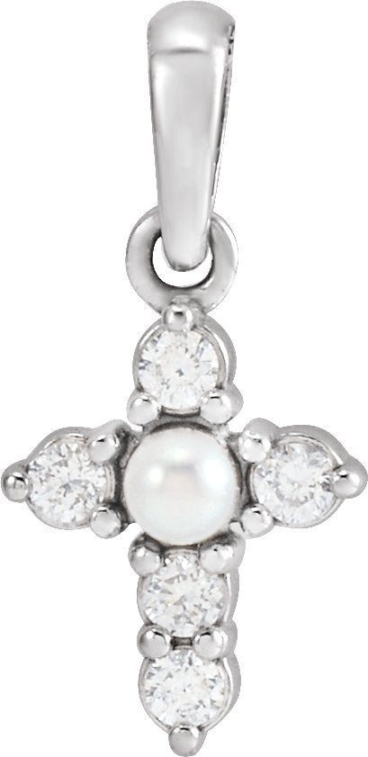 Platinum Cultured White Seed Pearl & Natural Diamond Pearl Cross Necklace or Pendant